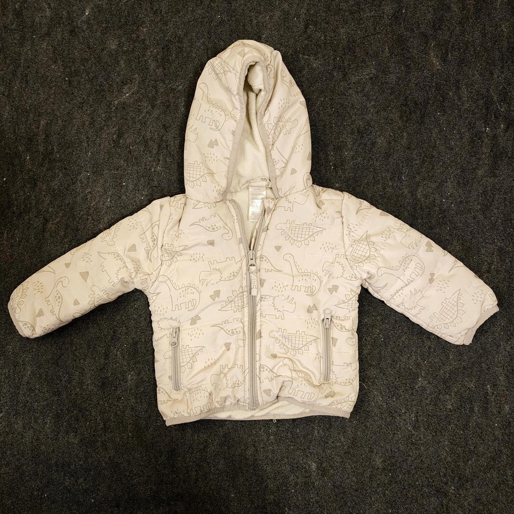 Beginnings Cream Dinosaur Puffer Jacket Hooded Fleece Lined Toddler 18 Months